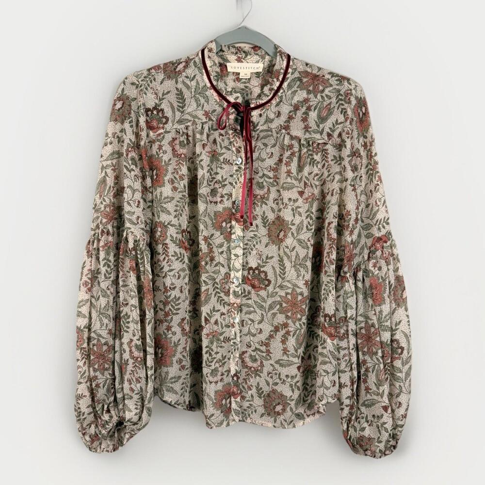 Lovestitch Ivory Floral Balloon Sleeve Ruffle Neck Blouse M